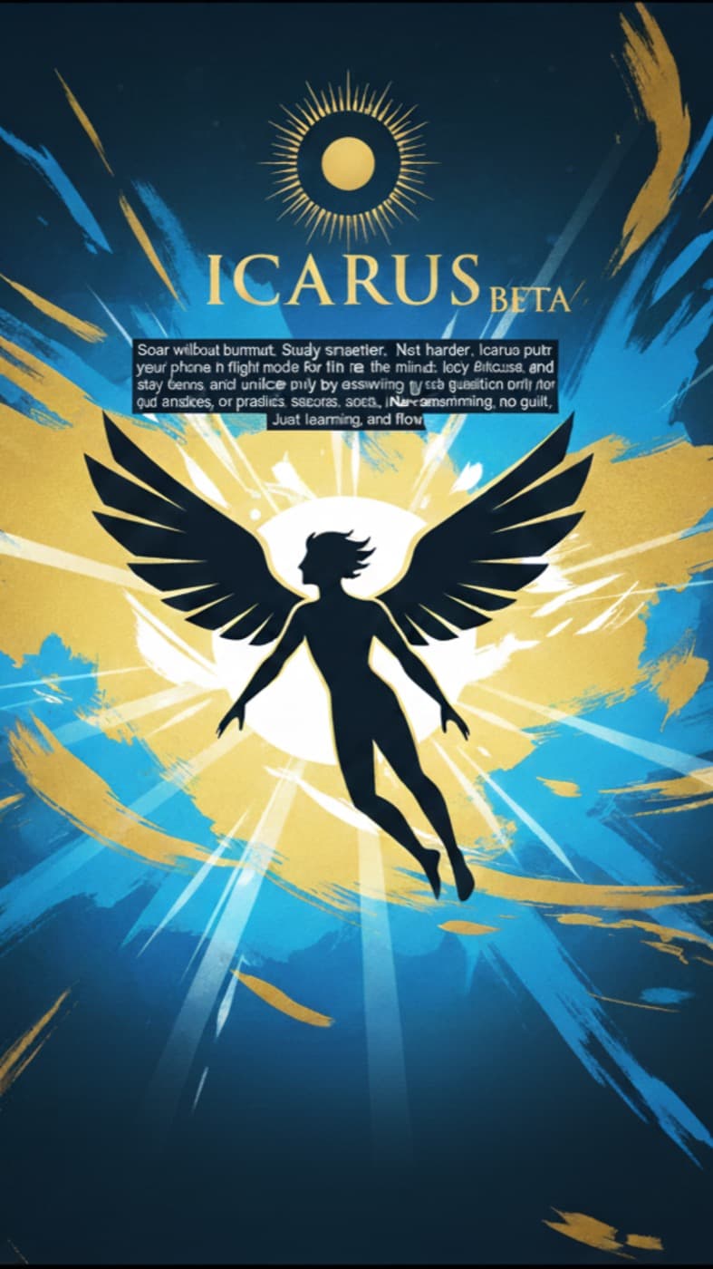 An early Icarus splash screen: gold wings and a sunburst around the wordmark, with a falling angel illustration and the label 'ICARUS BETA.'